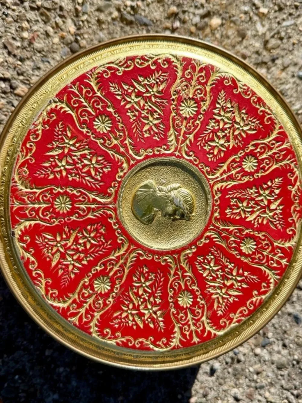 Vintage Jane Parker Cameo Fruitcake Tin Red Gold Embossed Round 8.25 x 3.75 in